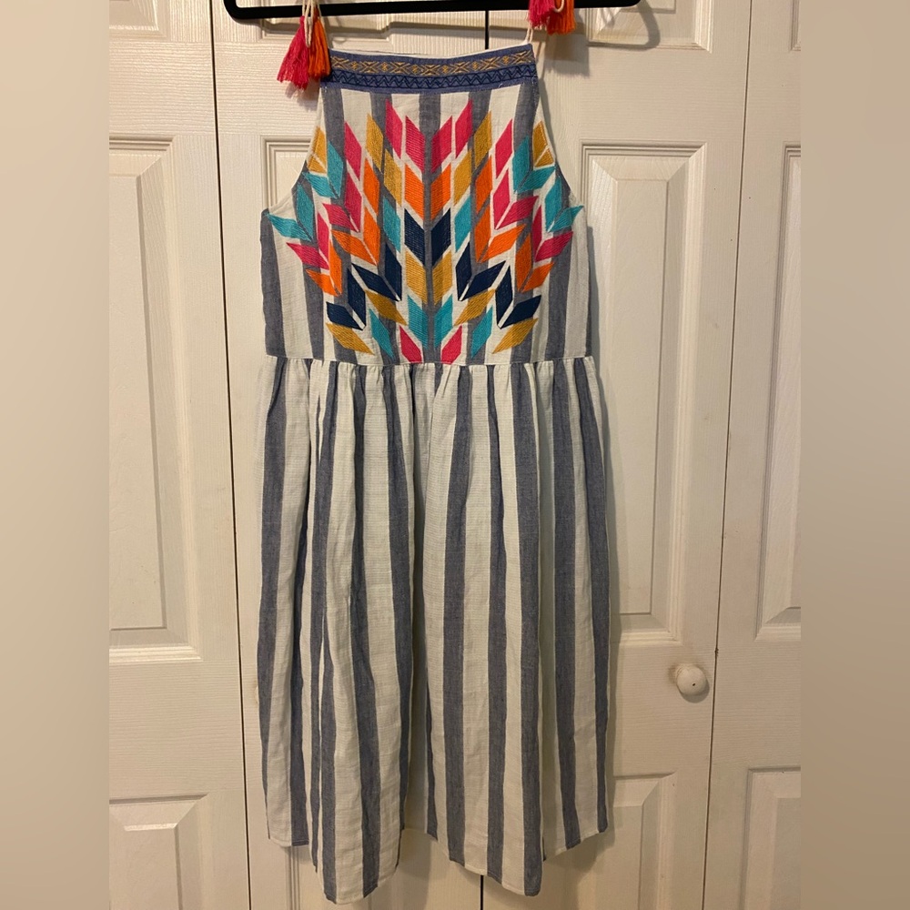 THML Blue & White Striped Midi Dress with Multicolor Embroidery